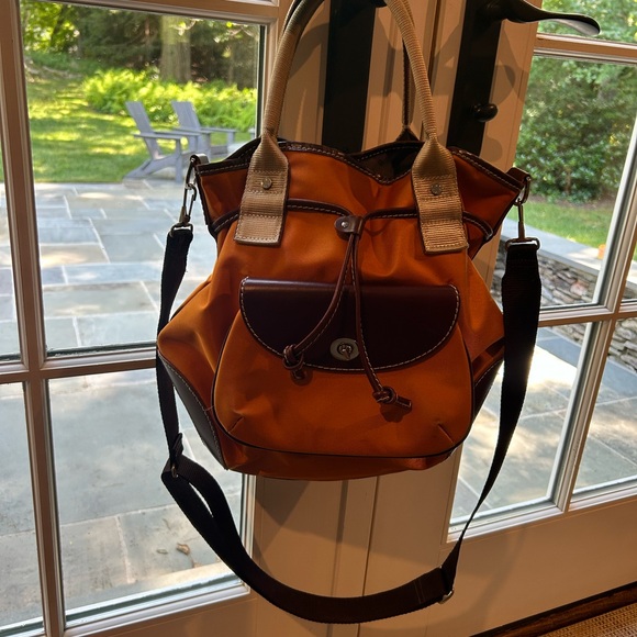 Lancel Paris Nylon bucket bag tote Orange with leather trim. W/ Shoulder strap - Picture 1 of 7